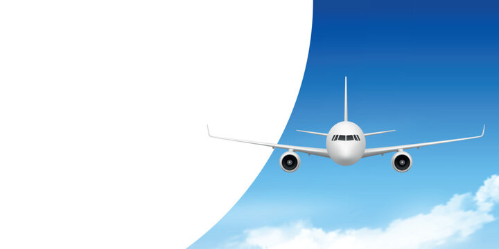 Airplane Banner Vector Illustration. Passenger Airplane Flying in Blue Sky Background. Horizontal Travel Banner Template with Copy Space for Airline, Flight, Vacation, Tourism, Aviation Design