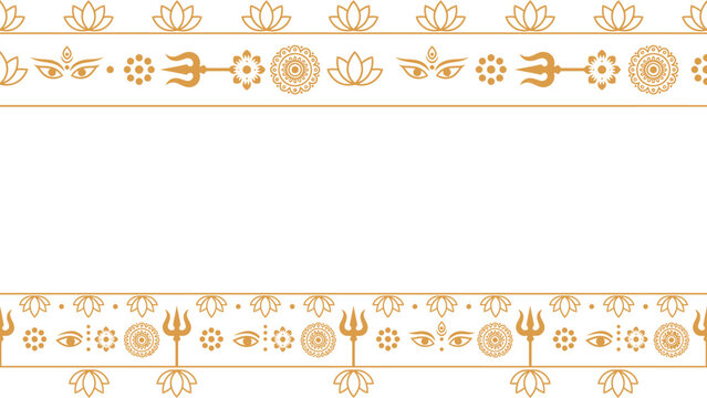 Gold Hindu religious border with trishula, lotus, and goddess eye symbols