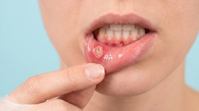Close up of a woman showing a painful canker sore on her inner lower lip.