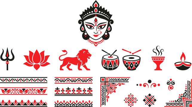 Goddess Durga face with traditional Indian puja symbols and decorative borders