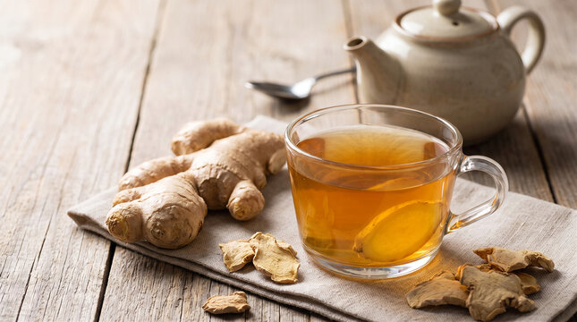 Fresh ginger tea in a glass cup with raw ginger root on a rustic wooden table