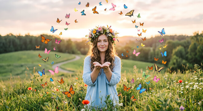 A joyful young woman wearing a blooming floral crown stands within a lush grassy meadow while colorful butterflies gracefully swarm around her hands during a serene and radiant sunset summer