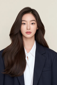 Studio Portrait Of Professional Woman In Navy Blazer With Voluminous Dark Wavy Hair
