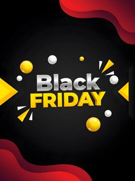 Dynamic Black Friday sale flyer with bold yellow typography, lightning icons, floating 3D spheres, and red fluid abstract waves.