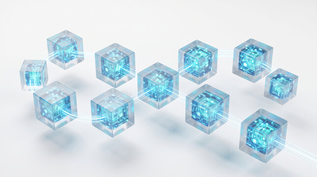 Glowing glass cubes connected in network concept of blockchain technology