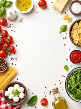 Italian cooking ingredients flat lay frame on white background