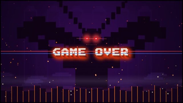 Retro Game Over Screen: Glowing red neon text displaying game over against a dark, pixelated dungeon background