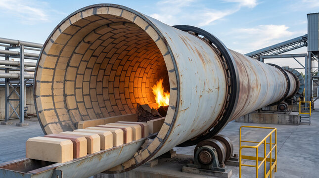 An outdoor rotary kiln with open flame and refractory bricks at an industrial cement or lime plant