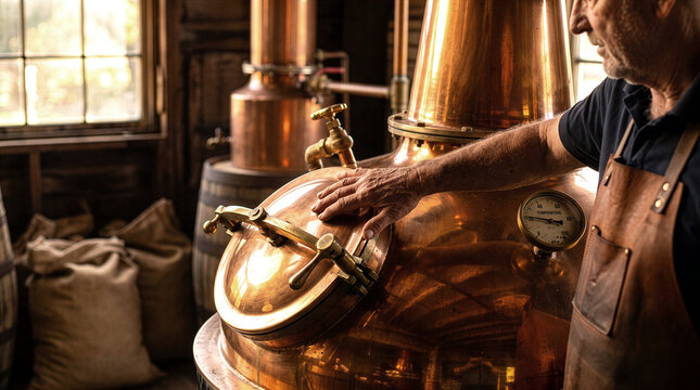 Master Distiller Inspecting Copper Pot Still in Craft Distillery