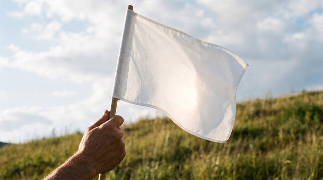 Hand holding a white flag of surrender or truce waving against a grassy hill landscape