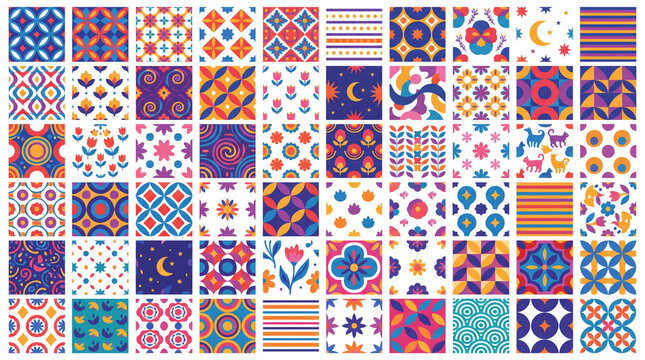 Seamless pattern swatch collection in blue red and orange