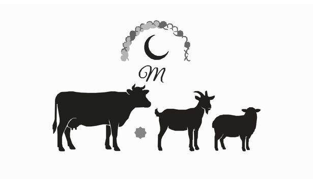 Eid al Adha Qurbani Cow Goat Sheep Silhouette Greeting Vector Design