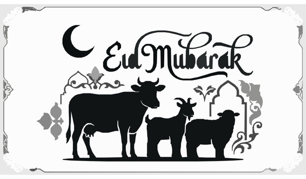 Eid Mubarak Greeting with Cow Goat and Sheep Black Silhouette Vector