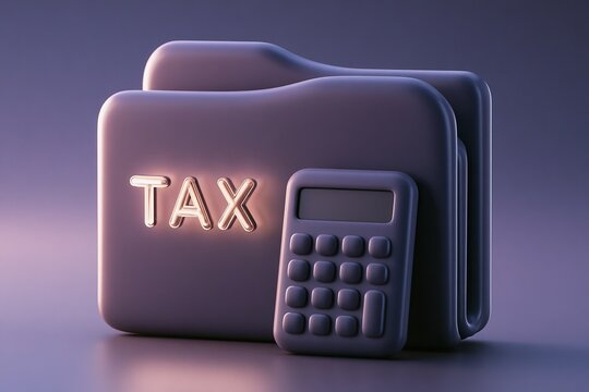 3D rendering of tax folders and a calculator, representing accounting, tax filing, and financial paperwork.