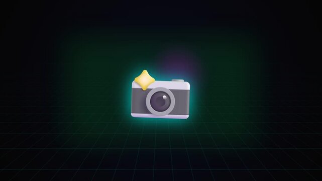 animation of vector camera icon taking photo with flash 