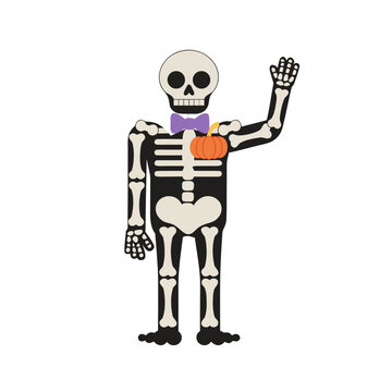 Halloween skeleton character with purple bow tie and pumpkin, waving cartoon human bones vector, spooky holiday mascot illustration