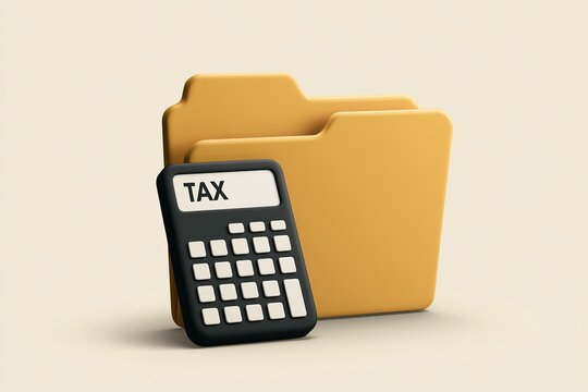 Yellow file folder with a calculator labeled "TAX" leaning against it, symbolizing tax documents, accounting, and financial filing.