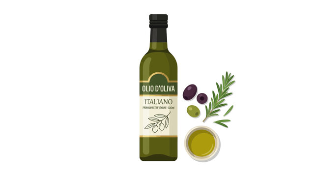 Illustration of Italian olive oil bottle with fresh herbs