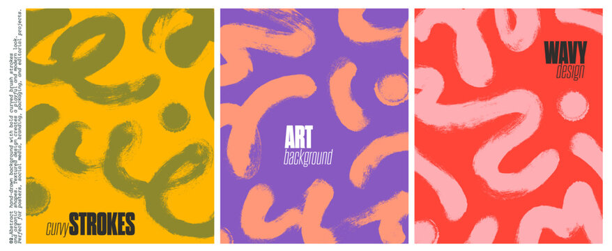 Bold doodle squiggle poster background set. Brush drawn curved thick lines and dot backgrounds for social media, kid's flyer, music poster. Vector Bold paint brush squiggle lines templates.