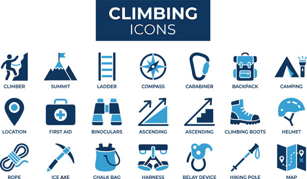 Climbing Adventure Icon Set with Climber, Summit, Ladder, Compass, Carabiner, Backpack, Camping, Rope, Harness and Mountain Gear