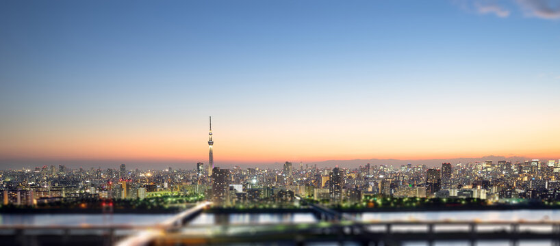 Aerial view of tokyo skytree and city skyline with skyscrapers and blurred foreground at sunset in Japan, miniature tilt shift effect