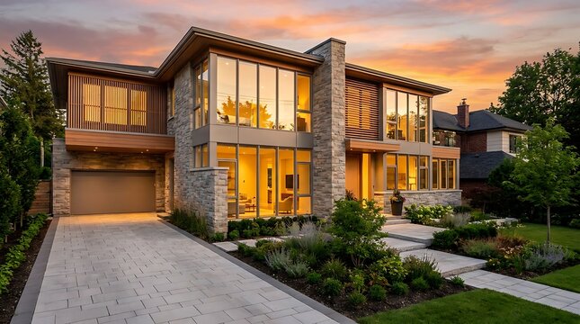 Modern luxury duplex home exterior with stone facade and large windows at sunset.