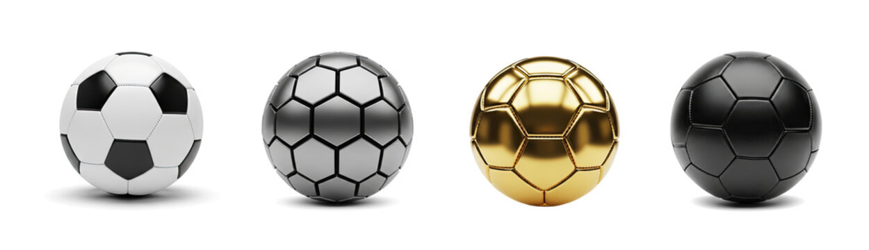 Collection of soccer balls are displayed against a white and black background. The soccer balls have different designs and colors.