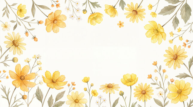 Yellow wildflower watercolor border frame with copy space