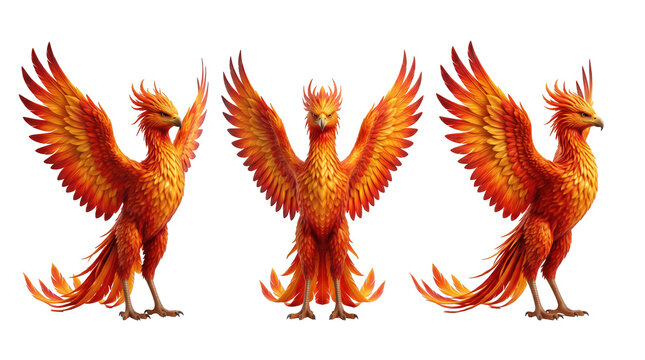 Set of 3 angles of view of the same mythical Phoenix bird isolated on transparent background, ideal for fantasy design concepts, mythological art, and legendary creatures