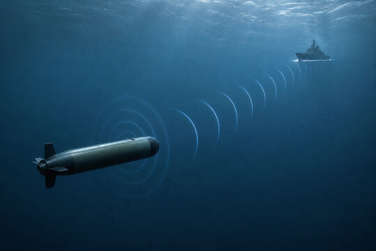 Passive sonar torpedo tracking distant warship underwater