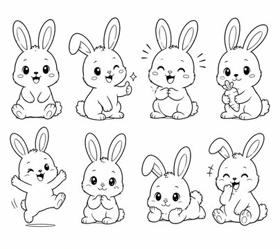 Set of cute little bunny rabbit characters in a simple black and white line art style