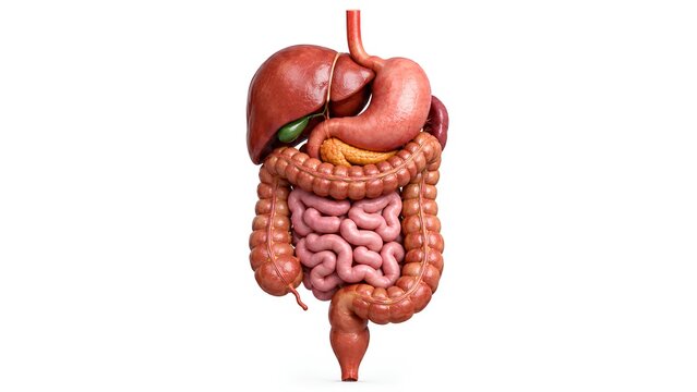 AI-generated ultra-realistic 3D medical illustration of the human digestive system, featuring the esophagus, stomach, liver, gallbladder, pancreas, spleen, intestines, and colon on white background.