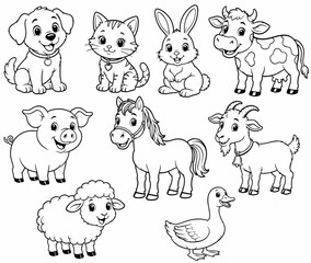 Fototapeta premium Set of cute farm animal outline drawings isolated on a white background for kids