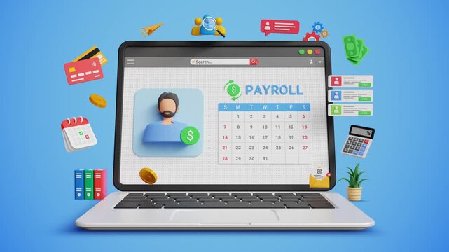 Monthly Employee Salary Automation, Finance Department Workflow, Automated Salary Processing. AI Payroll System Software Interface on 3D Laptop. 3D Video