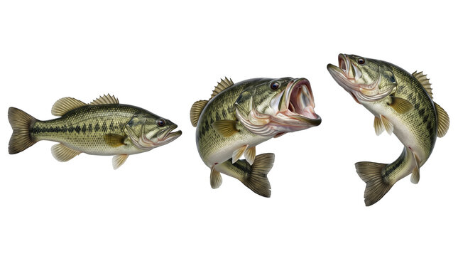 Set of 3 angles of view of the same largemouth bass fish isolated on transparent background, ideal for freshwater sport fishing tournaments and angling magazines