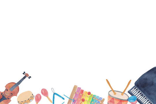 Watercolor musical instruments bottom border with piano, violin, drums, and colorful percussion 