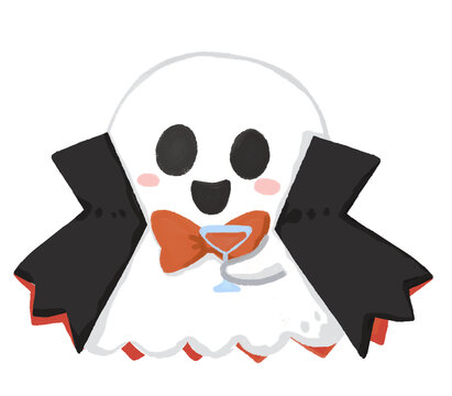 Cute Ghost Dressed as Vampire with Cape and Bow Tie, Halloween Illustration, Cute Halloween Cartoon isolated on Transparent background.