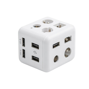 White cube shaped power strip with multiple electrical outlets and usb ports for charging electronic devices isolated on a transparent background