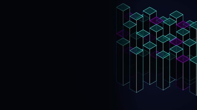 Digital isometric cube pillars neon cyber futuristic style data visualization technology background loop