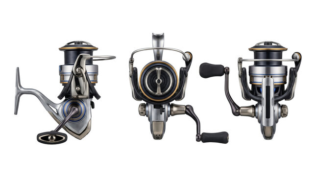 Triple view of spinning fishing reels presented on a transparent background, angling equipment and fishing gear concept