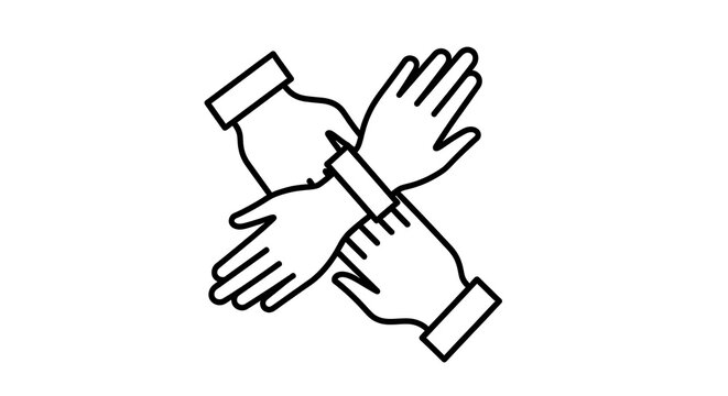 Teamwork hands icon showing unity and collaboration in a simple black line art style.