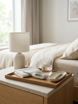 A digital thermometer resting neatly on a wooden bedside tray beside a glass of fresh water and medicinal pills within a cozy neutral bedroom setting during daytime hours for wellness concepts