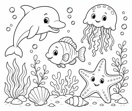 Cute sea animals collection with dolphin fish and jellyfish in a black line style
