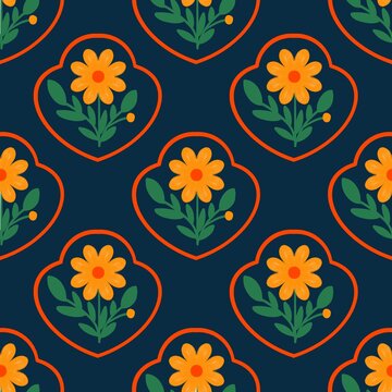 Seamless Navy Blue and Orange Retro Floral Heart Pattern Boho Vector Background