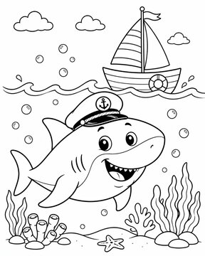 Cute shark wearing a captain hat swimming in the ocean with a small boat coloring page