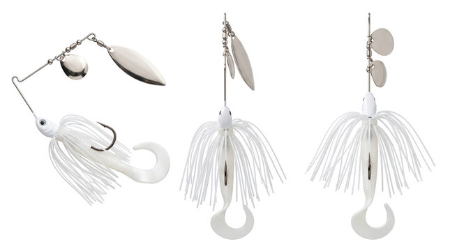 White spinnerbait lures collection: three variations isolated with alpha channel, bass fishing tackle and artificial bait concept