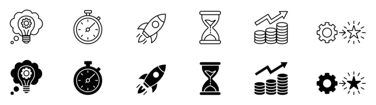 Business startup growth and time management vector line and filled icon set for corporate success.