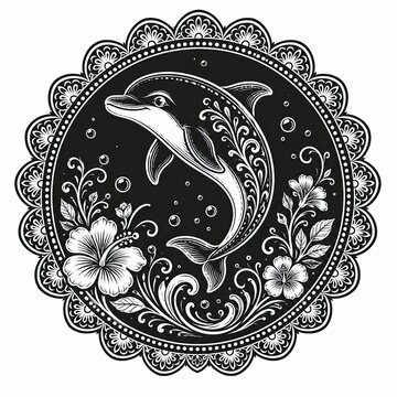 Black and white dolphin illustration inside a detailed circular floral frame design