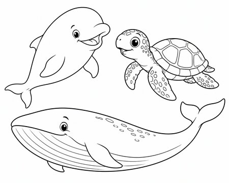 Black and white line art drawing of a dolphin whale and sea turtle swimming together
