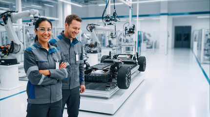 Fototapeta premium Automotive engineers collaborating on electric vehicle chassis in modern car factory, highlighting innovation and future manufacturing.